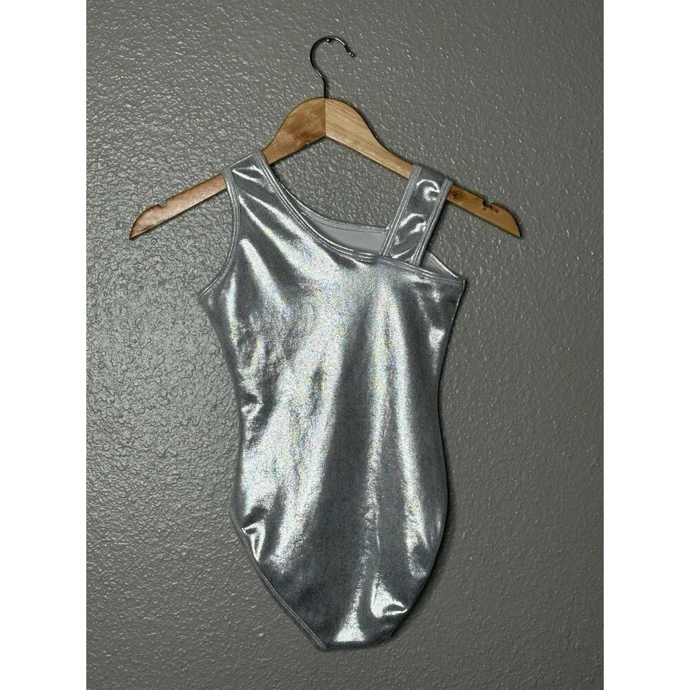 Alpha Factor Youth Medium Silver Foil Leotard New Gymnastics Dance